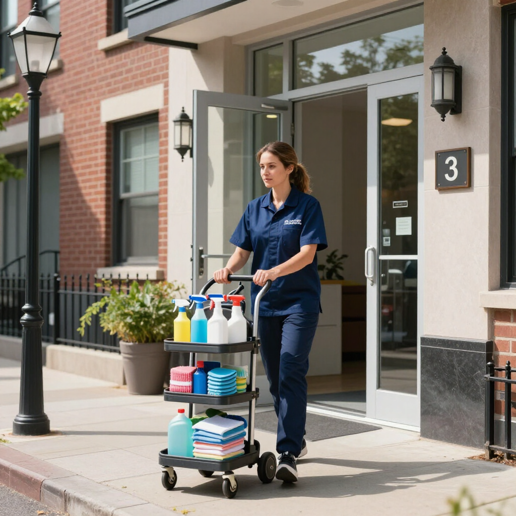 Janitor in navy uniform pushing a cleaning cart outside a building entrance
