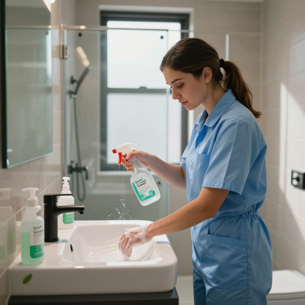 Person in blue scrubs cleaning a bathroom sink with spray cleaner and cloth.