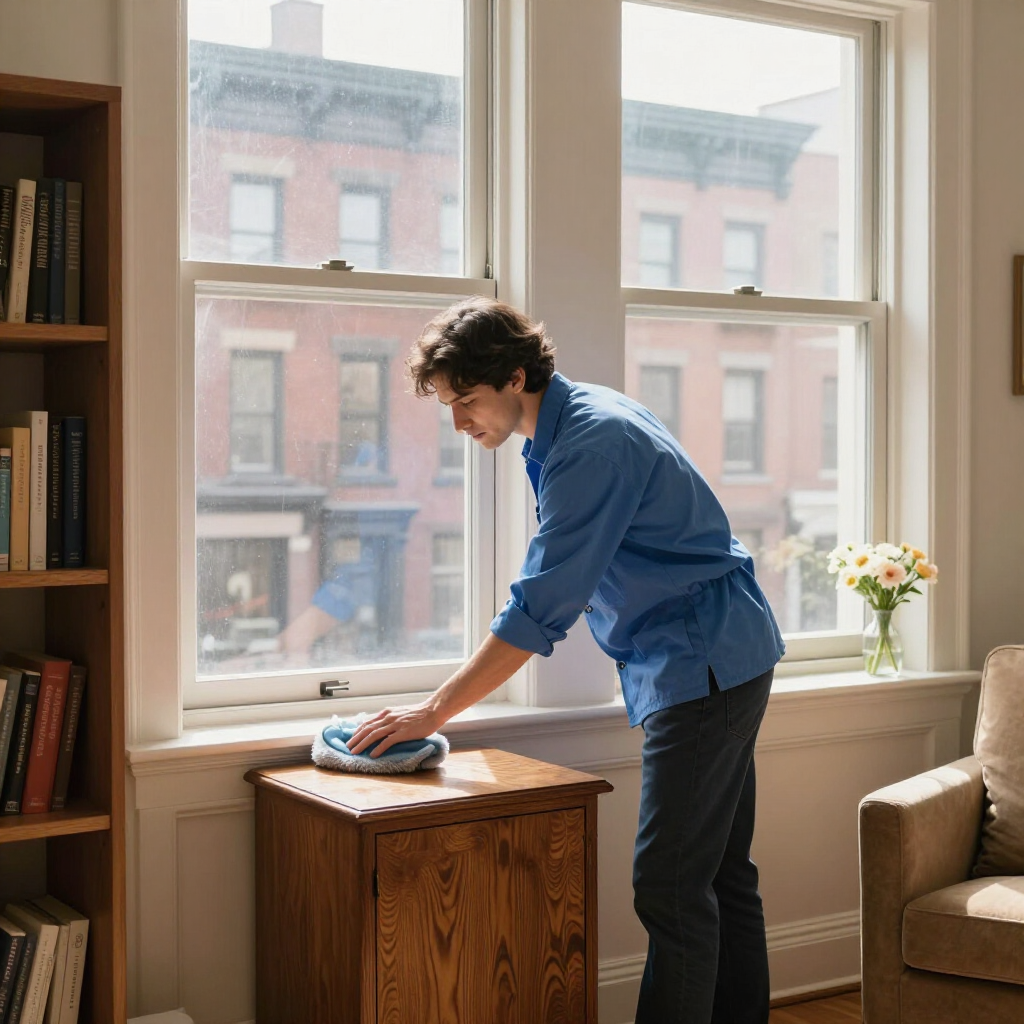 Person wiping a wooden chest by a bright window in a sunlit living room