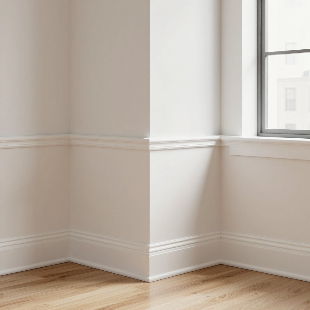 Empty beige room corner with white trim, hardwood floor, and a window letting in natural light