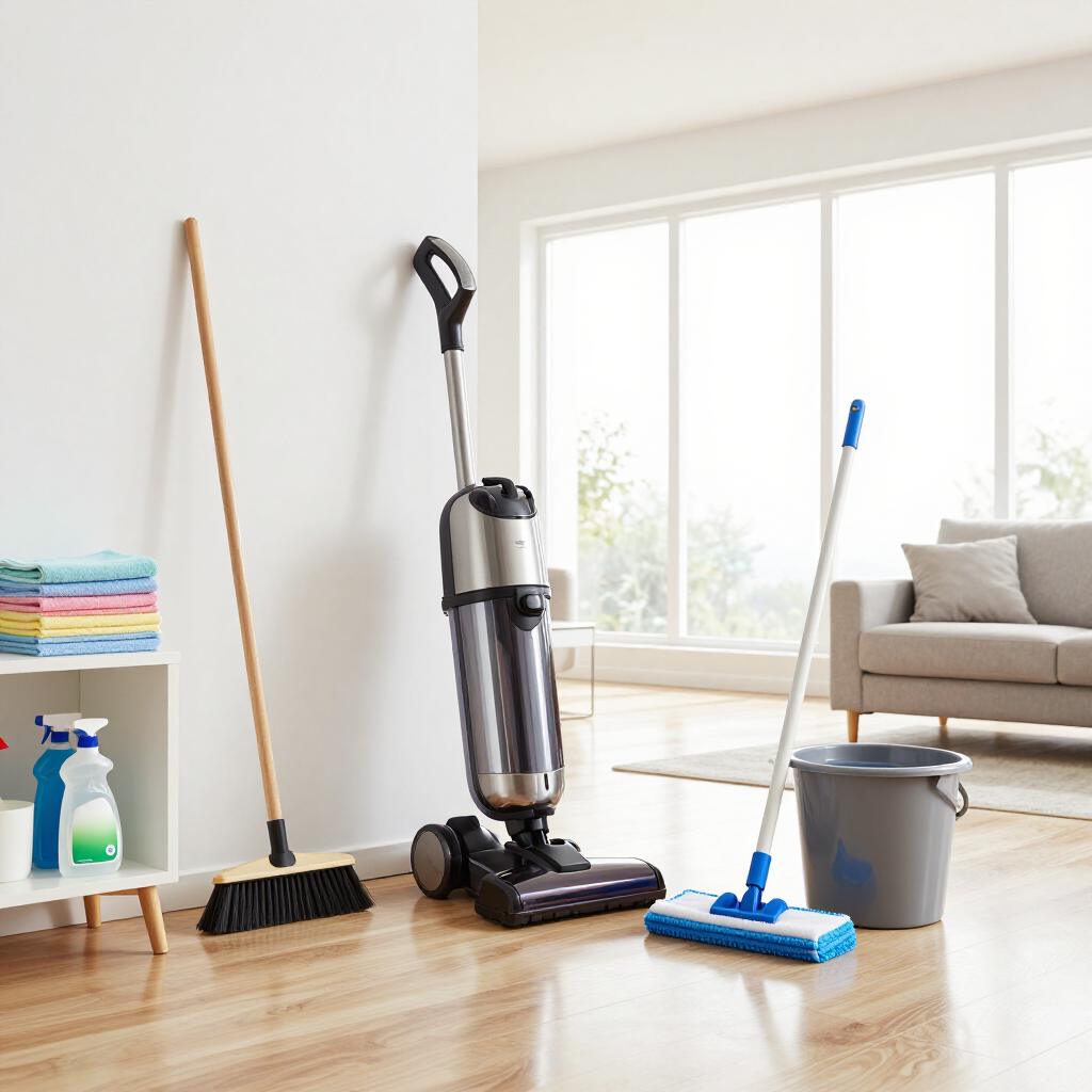 Cleaning supplies on a hardwood floor beside a vacuum, broom, mop, and bucket in a bright living room.