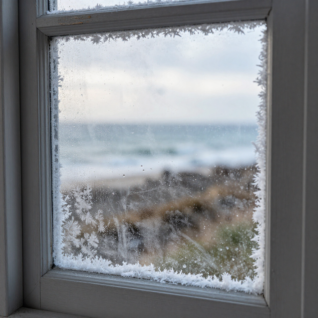 A frosted window frame overlooks a blurred ocean and rocky shoreline.