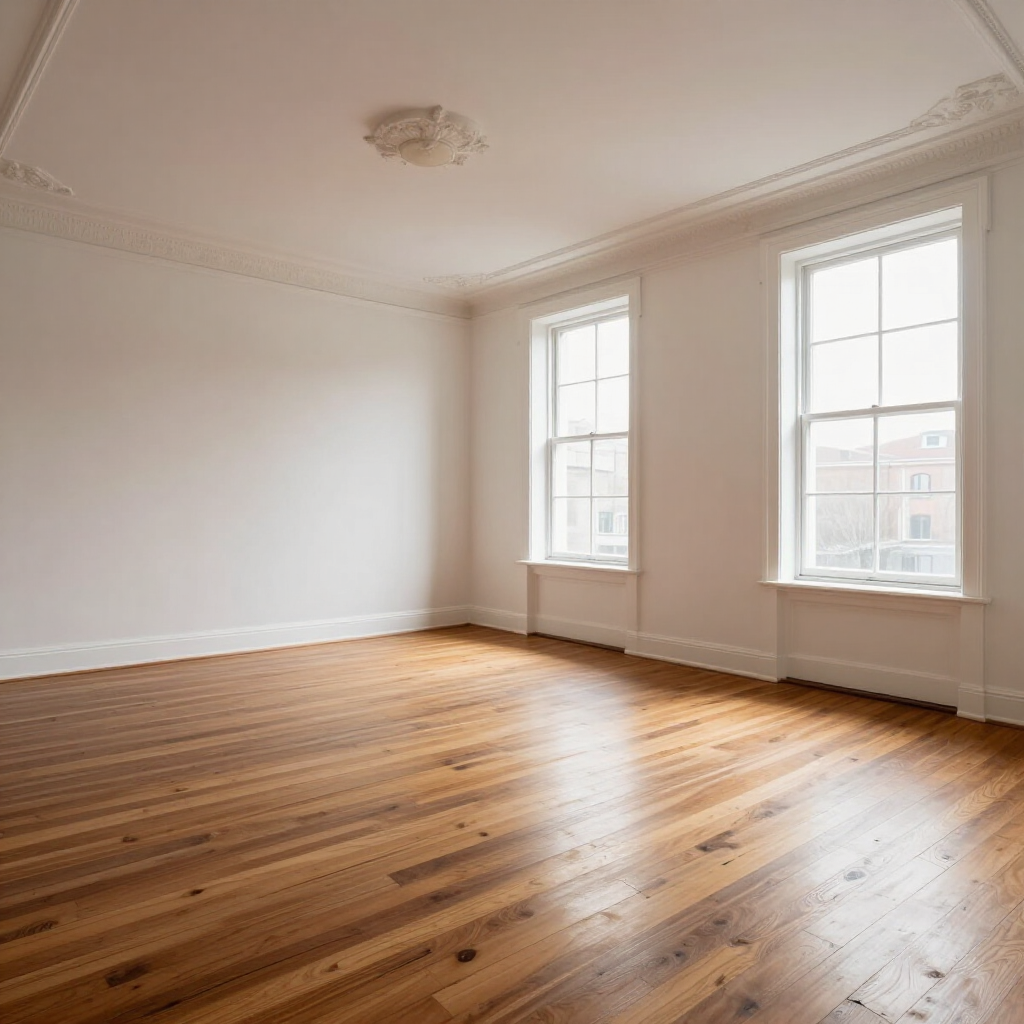 Empty bright room with hardwood floors, white walls, and two tall windows