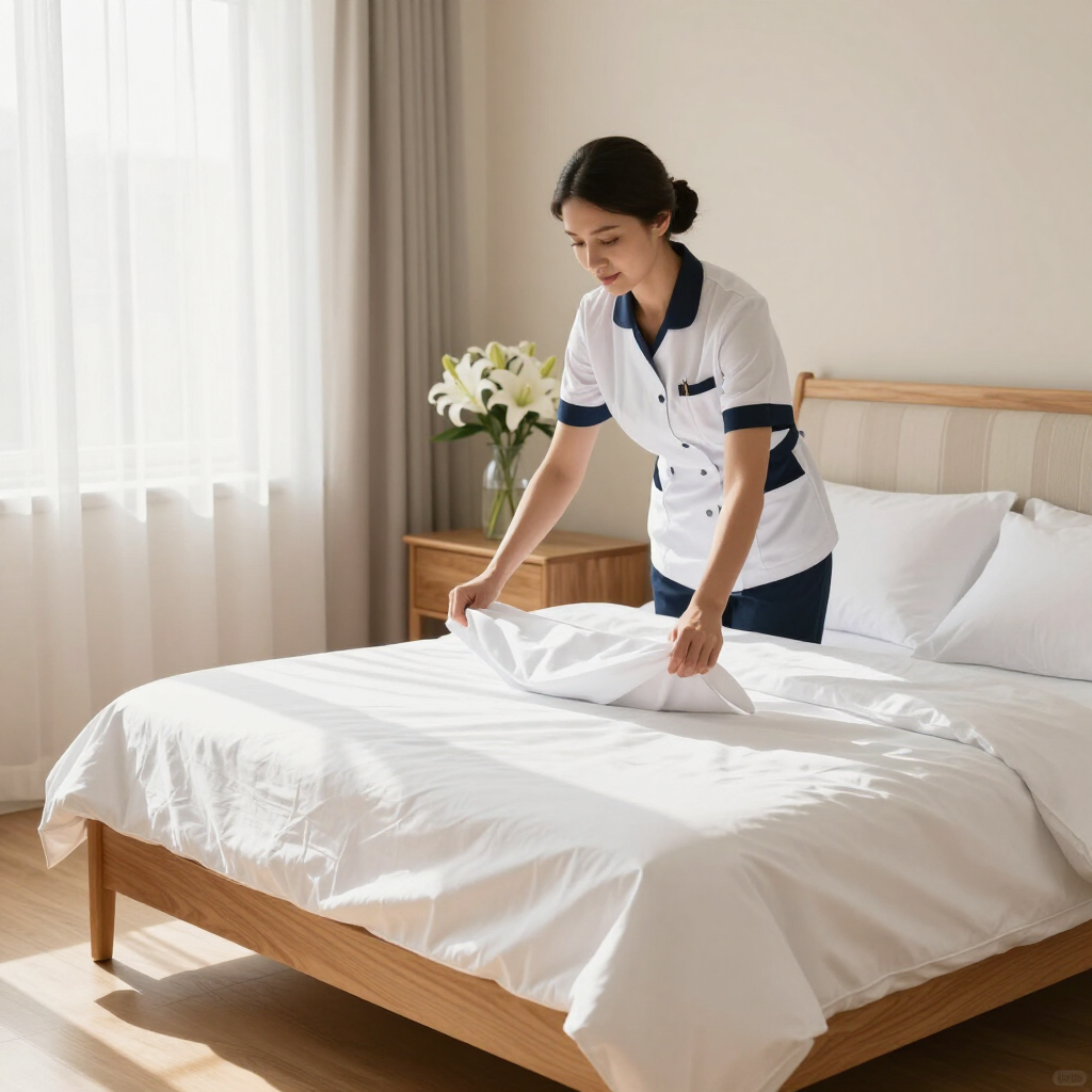 Hotel housekeeper making a bed in a bright, tidy room with white linens and flowers on the nightstand