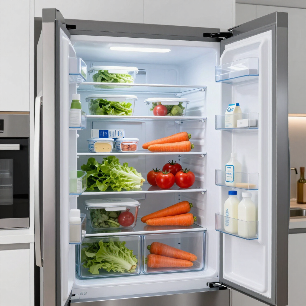 Open refrigerator stocked with fresh vegetables, tomatoes, carrots, milk, and yogurt.
