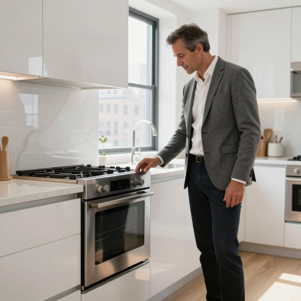 Man in a gray blazer adjusting the stove in a bright modern kitchen