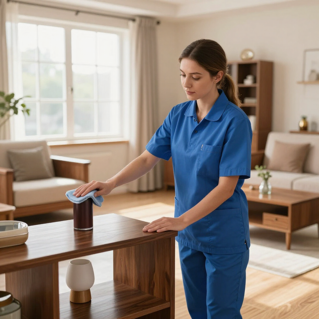 Woman in blue scrubs cleaning a coffee table in a bright living room