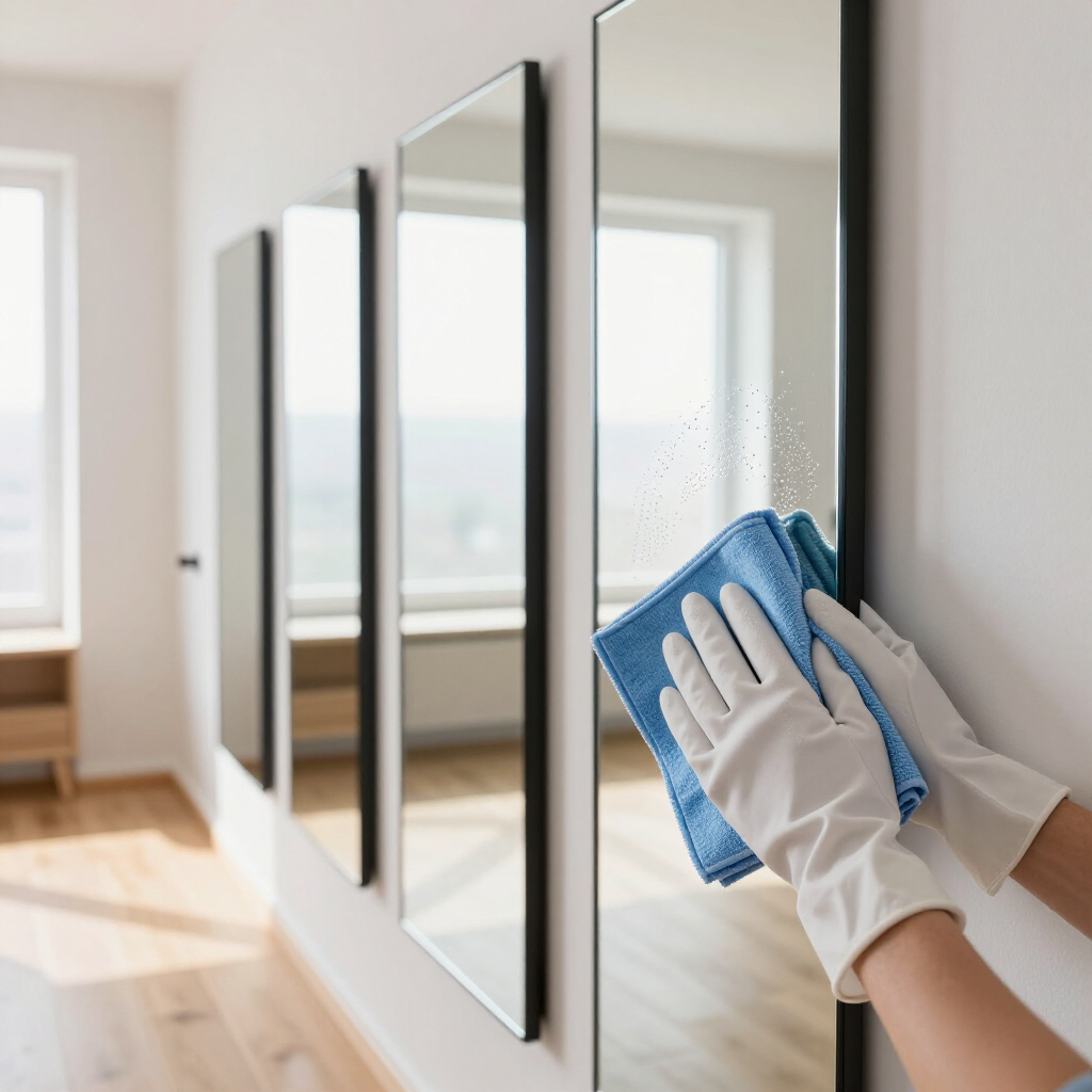 Gloved hands wiping a wall mirror with a blue cloth in a bright room