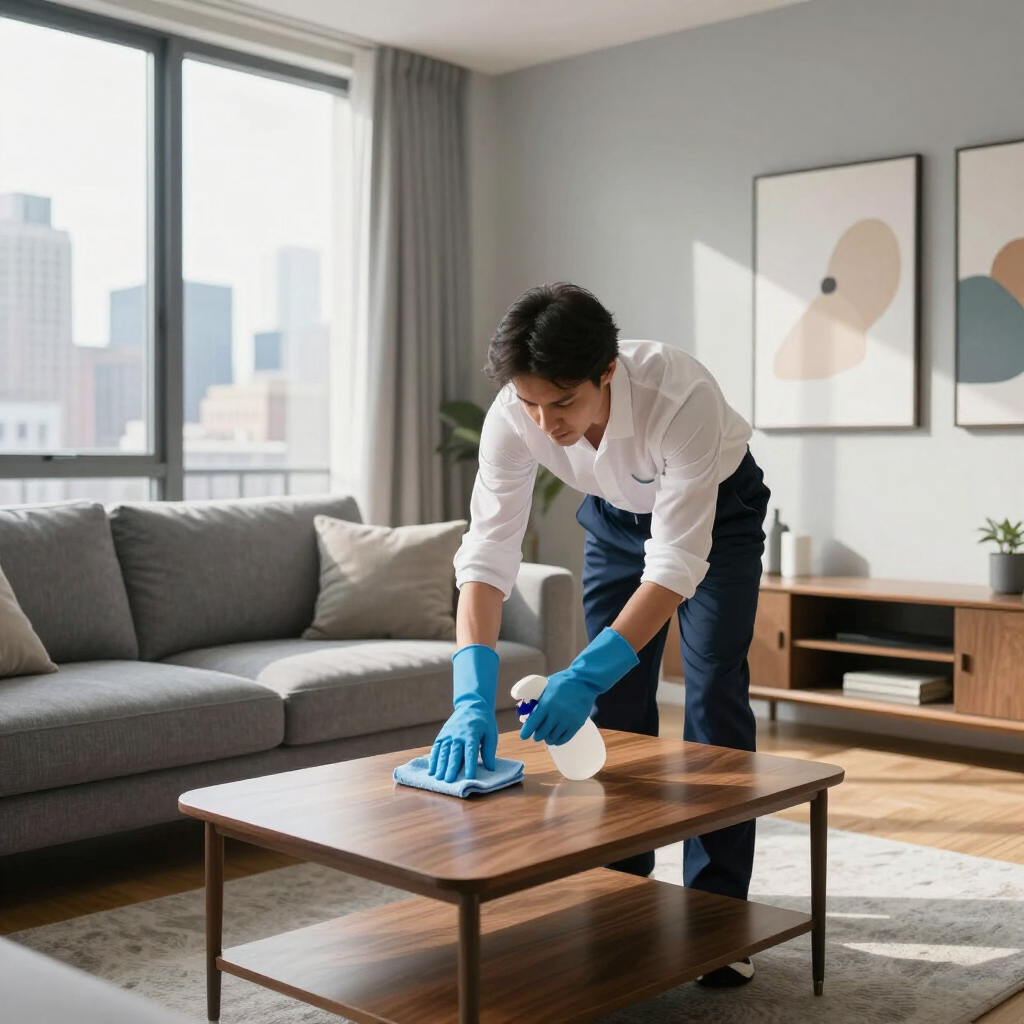 Person cleaning a coffee table with a blue cloth in a bright living room