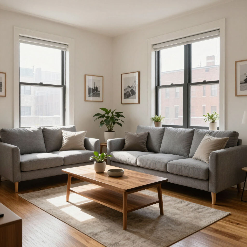 Bright living room with two gray sofas, wooden coffee table, rug, and large windows with city views