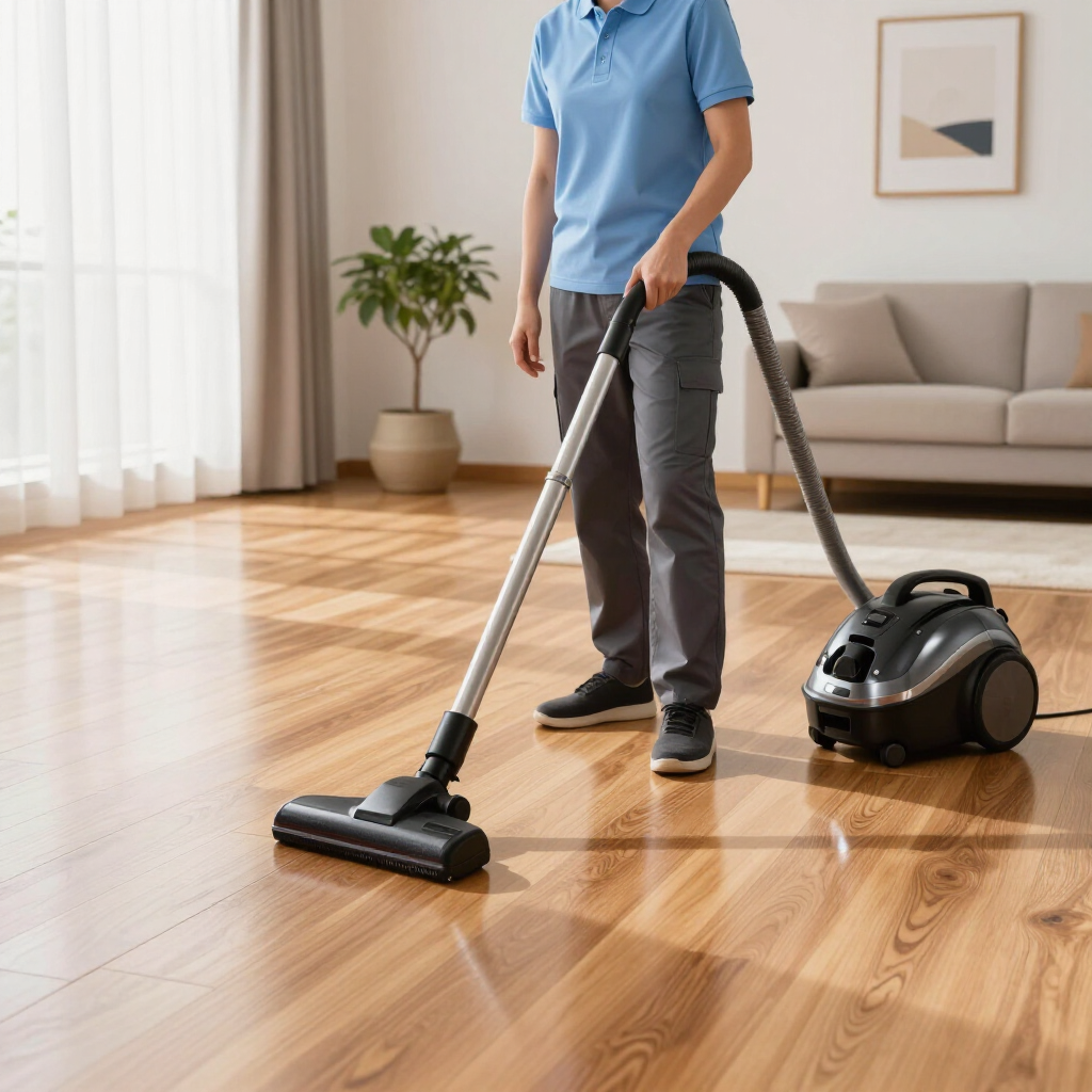 Person vacuuming a shiny wooden floor in a bright living room