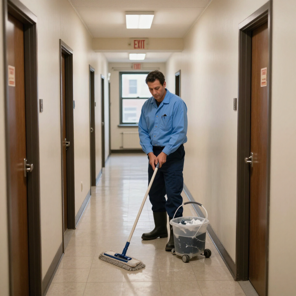 Janitor mopping a hallway floor beside a cleaning bucket and mop cart