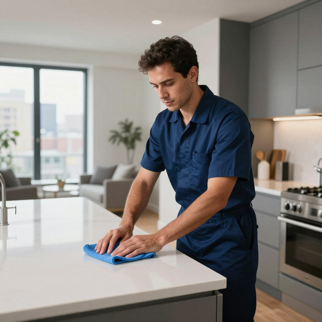 Man wiping a white kitchen island with a blue cloth in a modern kitchen