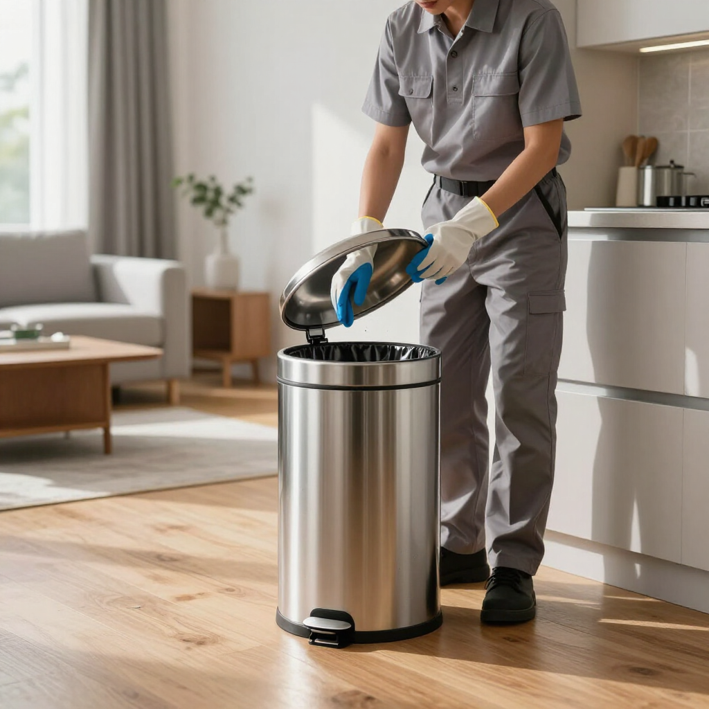 Person emptying recycling into a stainless steel trash can in a bright kitchen