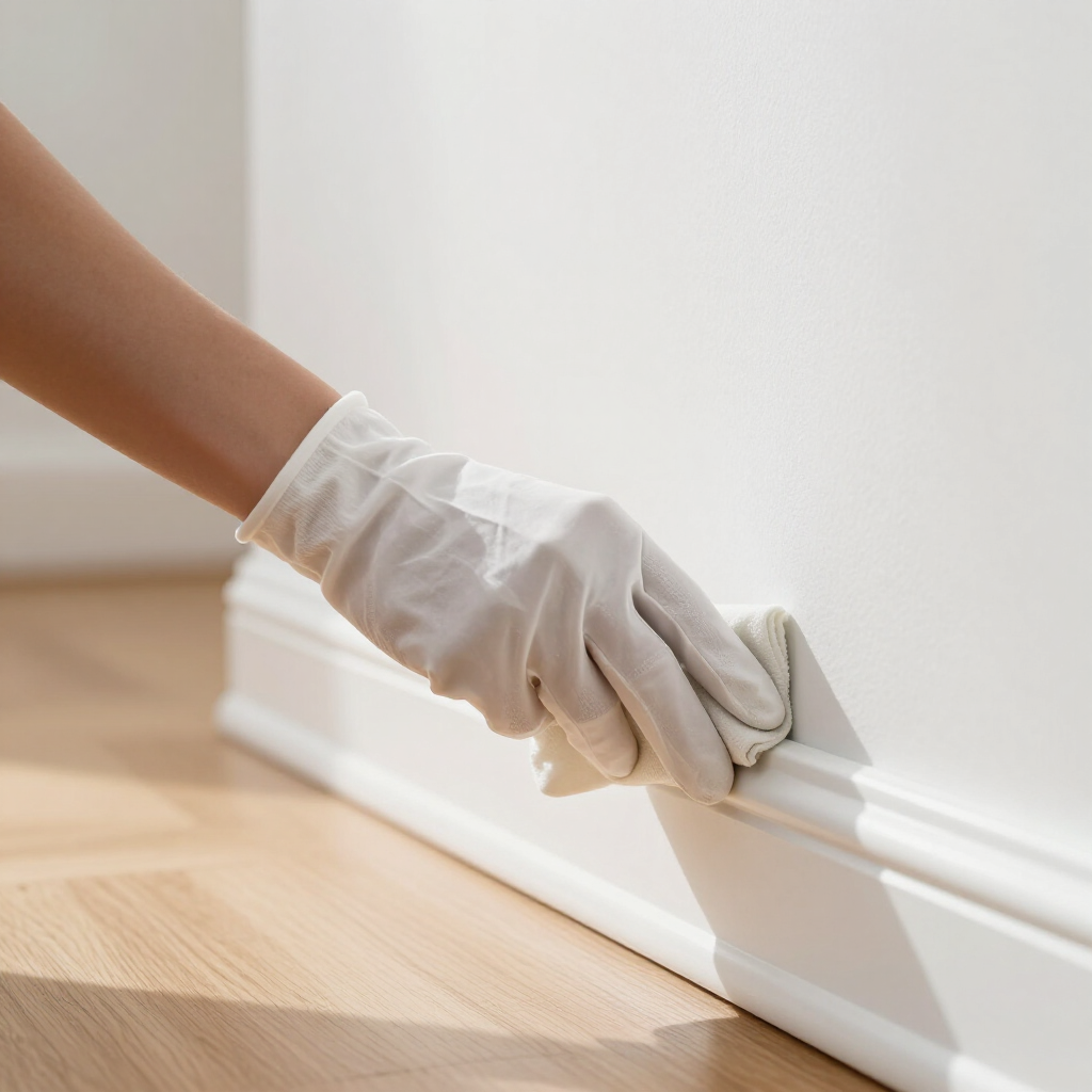 White-gloved hand cleaning a white baseboard along a hardwood floor