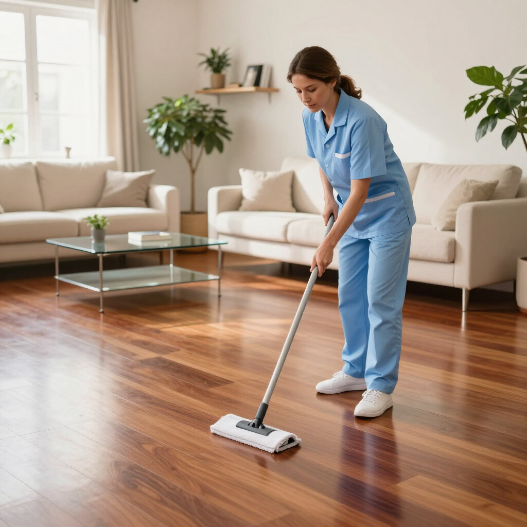 Cleaner mopping a shiny hardwood floor in a bright living room with beige sofas and a glass coffee table