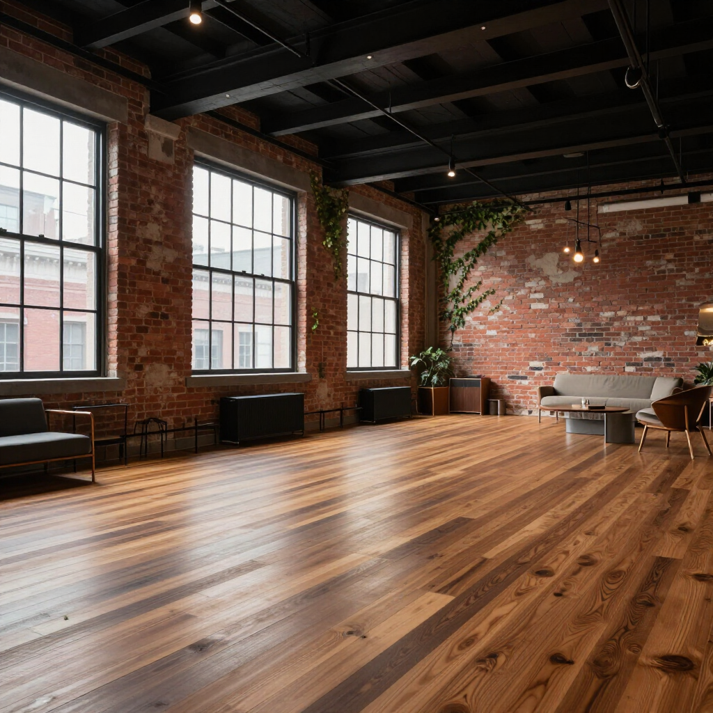 Bright loft-style room with large windows, brick walls, wooden floor, and dining tables in the corner