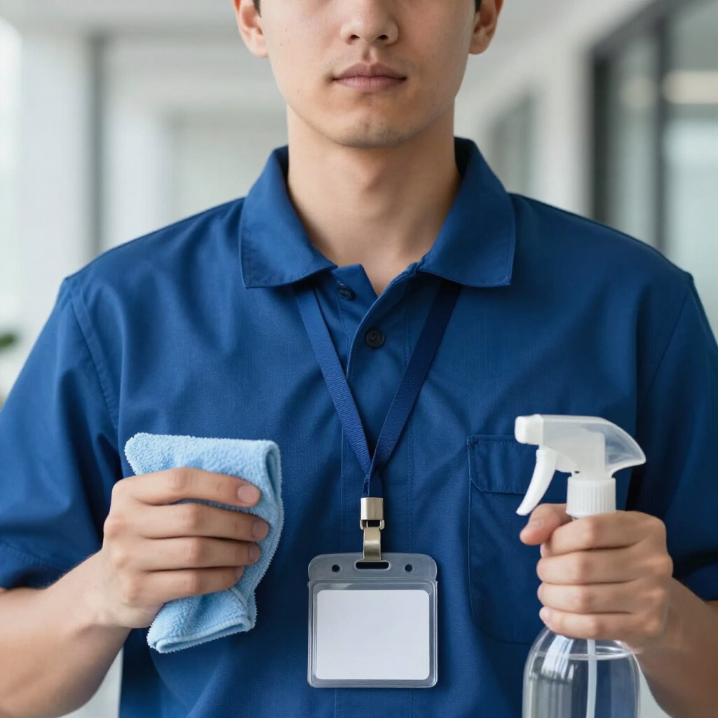 Person in blue uniform holding a cleaning cloth and spray bottle with ID badge visible