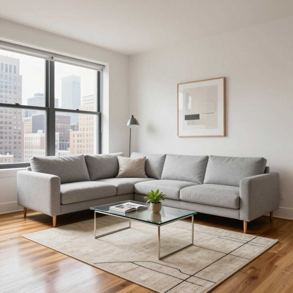 Bright modern living room with gray sectional sofa, glass coffee table, and large city window views
