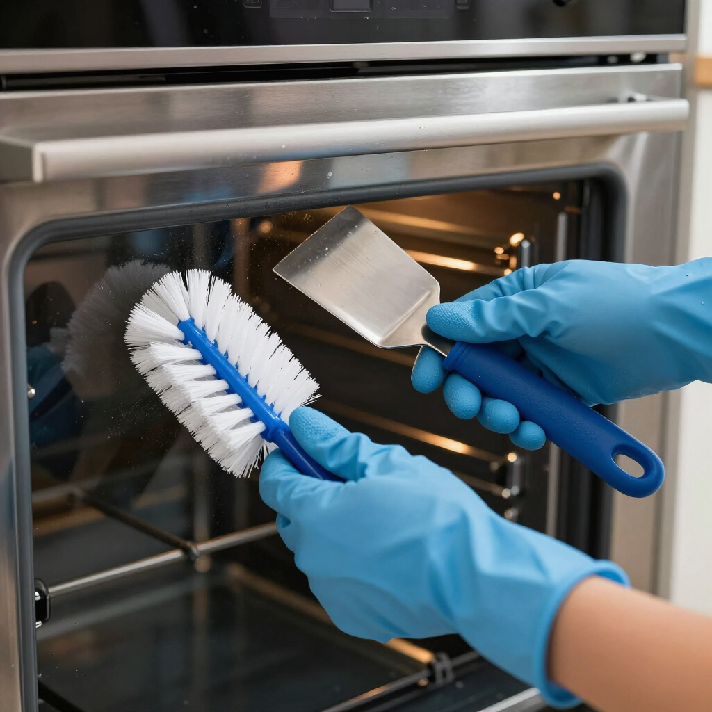 Gloved hands cleaning an oven with a brush and scraper