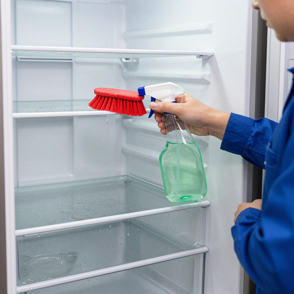 Person spraying cleaner onto empty refrigerator shelves with a red brush and green bottle