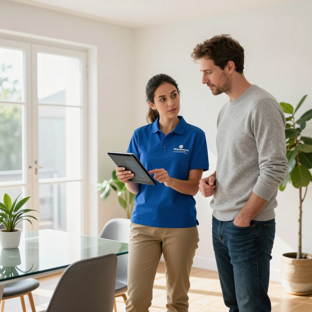 Two people discussing a tablet in a bright office with plants and a table