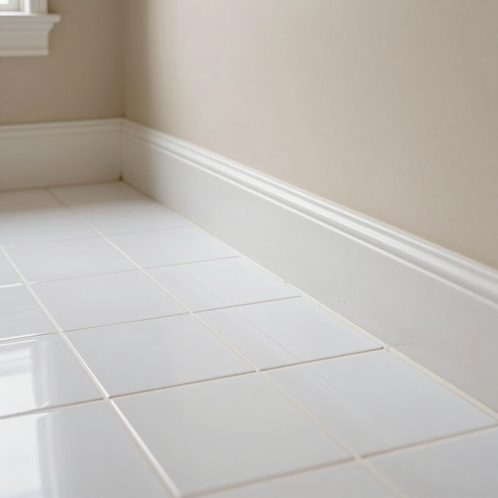 White tiled floor with a beige wall and baseboard in a bright empty room