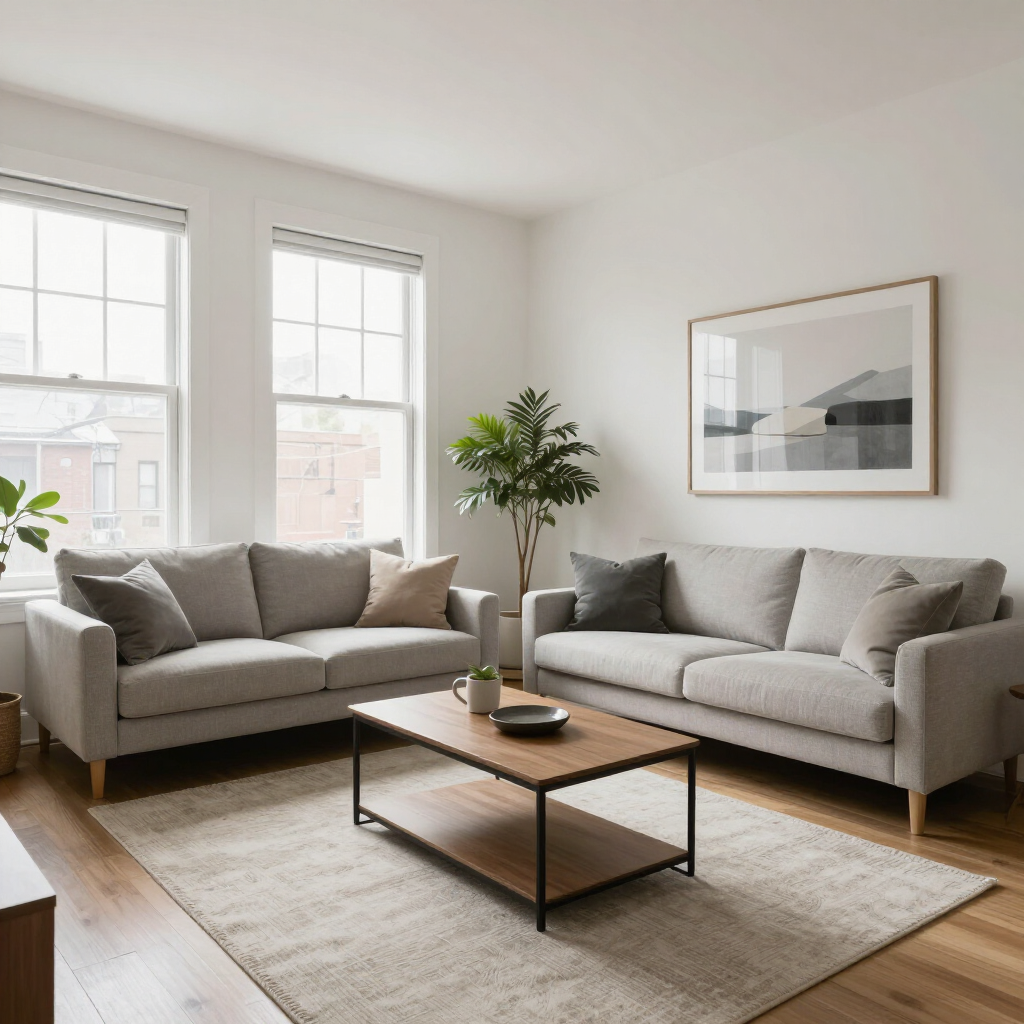 Bright modern living room with two gray sofas, coffee table, rug, and large windows