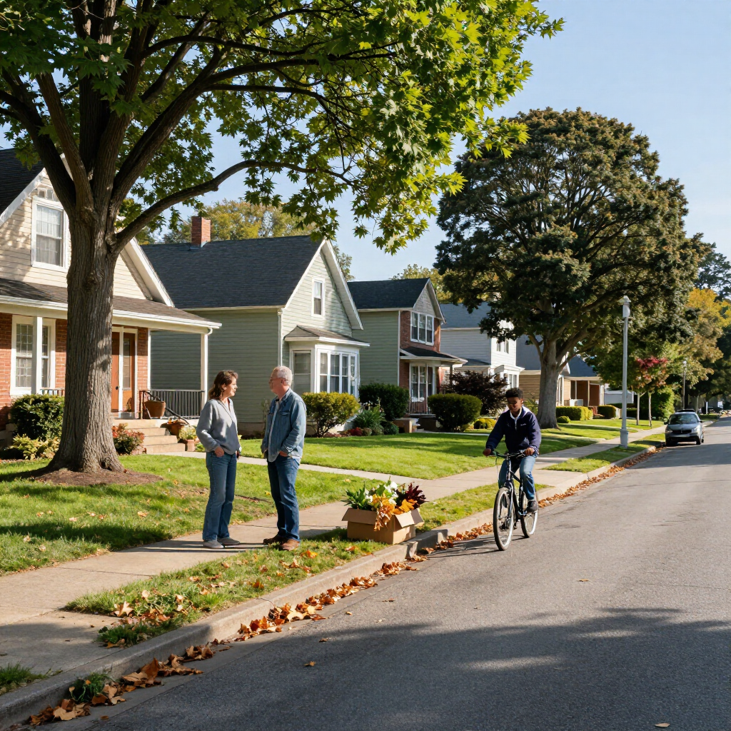 People chatting on a leafy suburban sidewalk as a cyclist passes on a quiet street