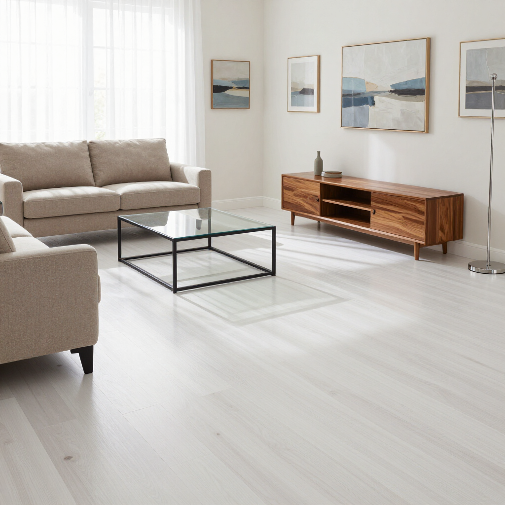 Minimalist living room with beige sofa, glass coffee table, wooden sideboard, and framed wall art on white walls.