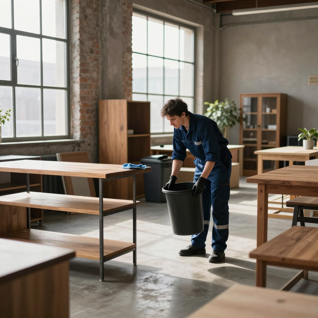 Man sweeping a bright loft classroom with desks and large windows, carrying a black bucket