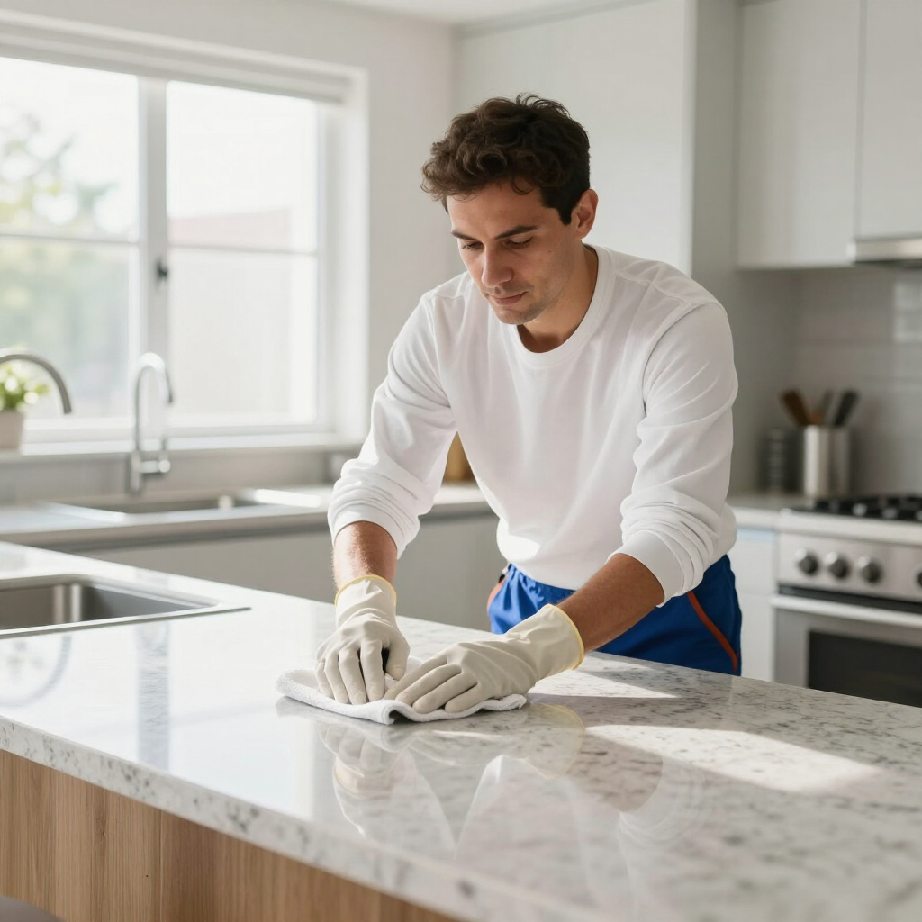 Person cleaning a kitchen countertop with a cloth, wearing gloves and a white shirt.