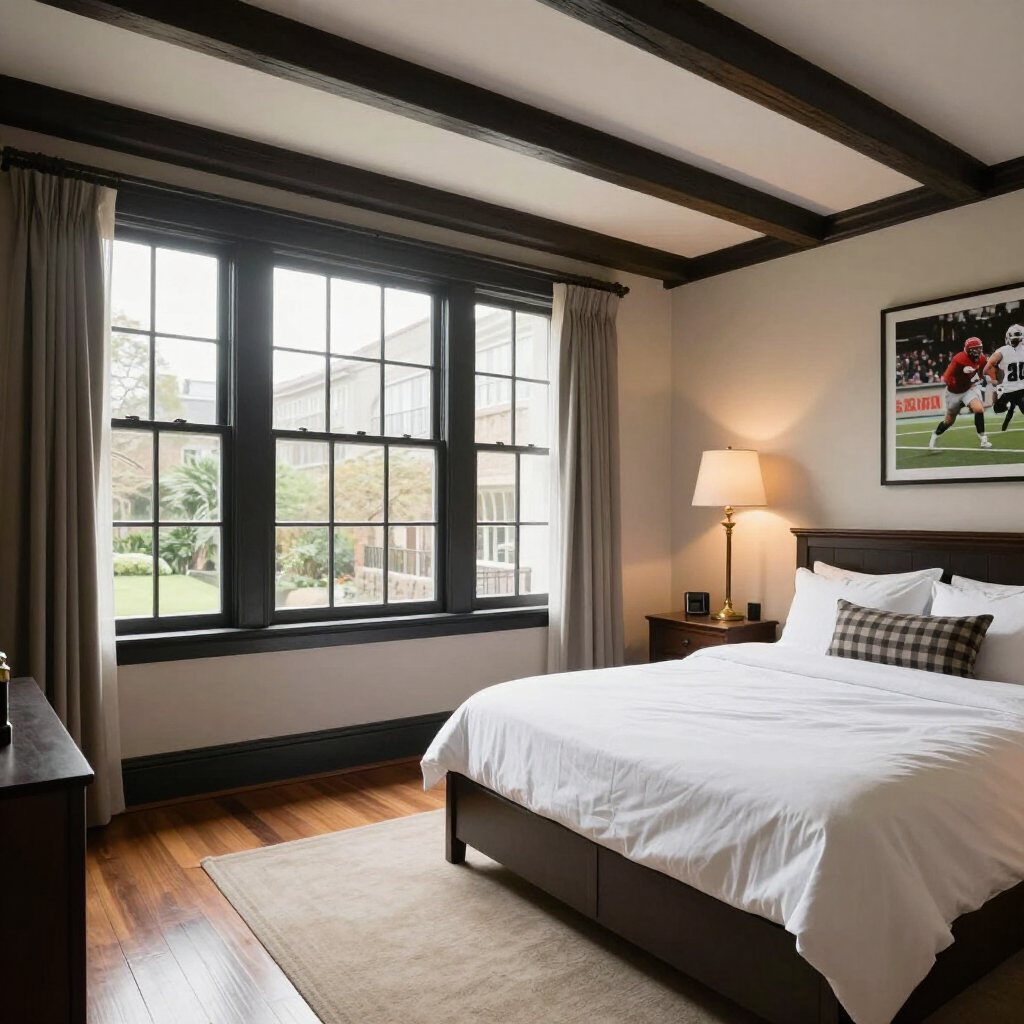 Cozy bedroom with large windows, white bed, wood beams, and a lit bedside lamp