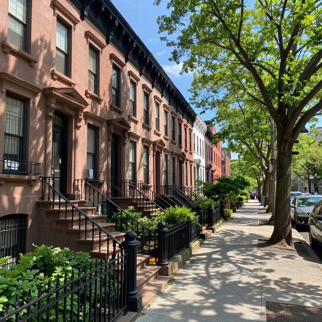 Tree-lined city sidewalk beside row houses and parked cars on a sunny day
