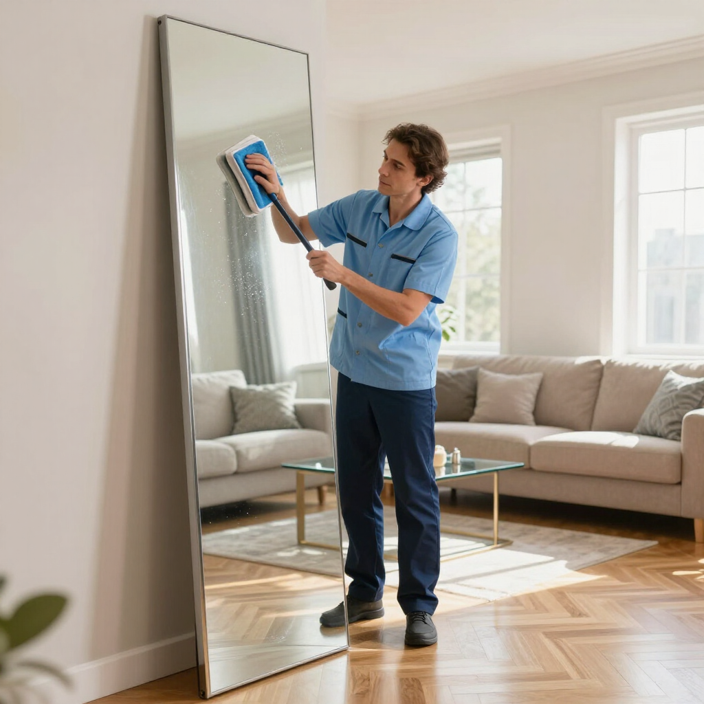 Person cleaning a large mirror with a blue squeegee in a bright living room