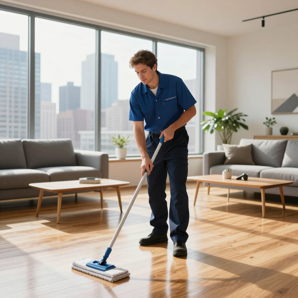 Person mopping a sunlit living room with gray sofas and large windows