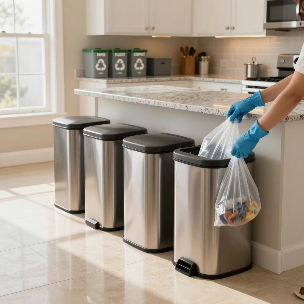 Person placing a trash bag into a stainless-steel kitchen trash bin.