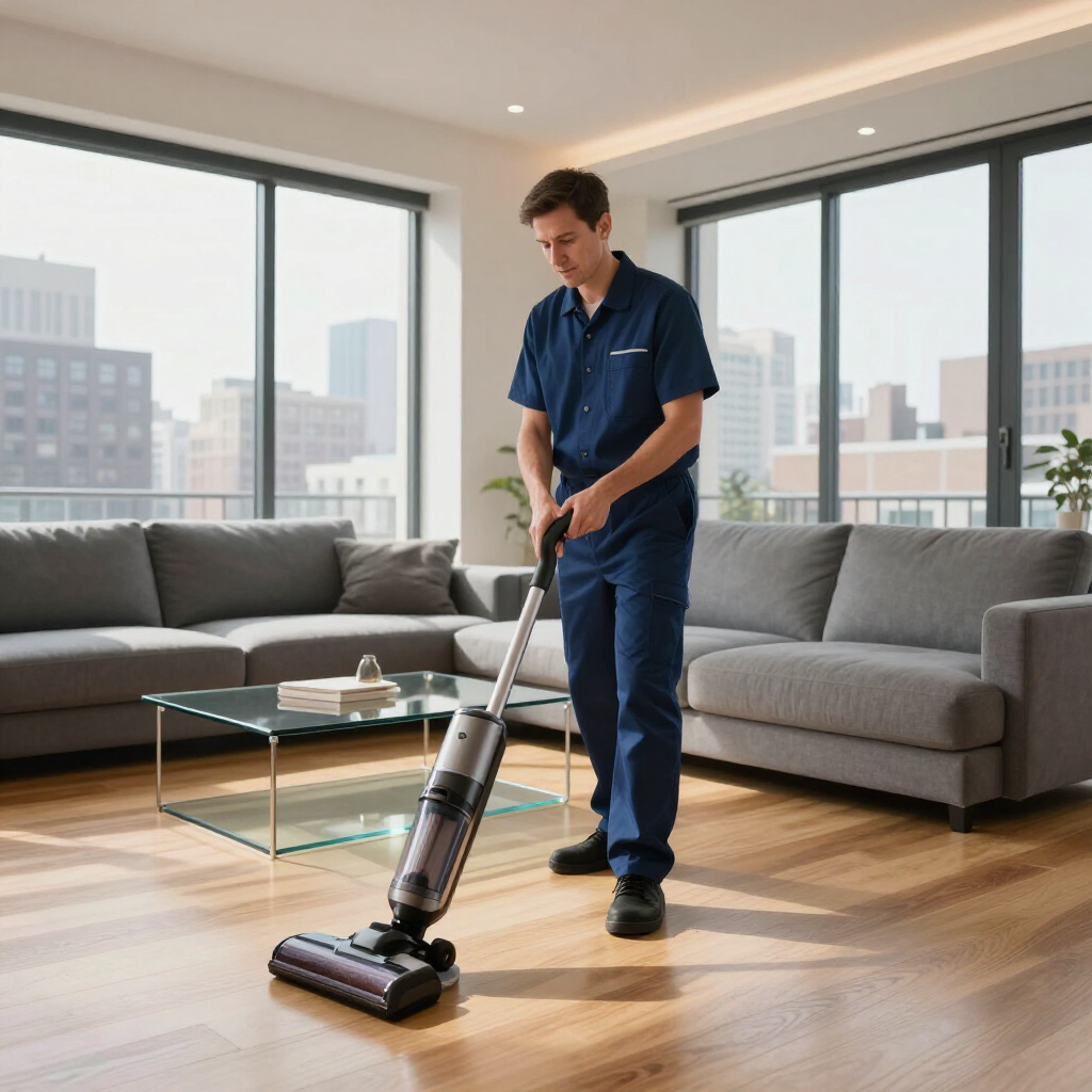 Man vacuuming a modern living room with gray sofas and large windows
