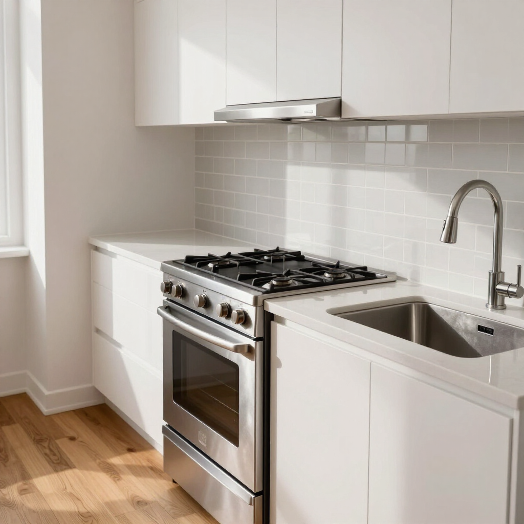 Modern white kitchen with stainless steel stove, sink, and light wood floor