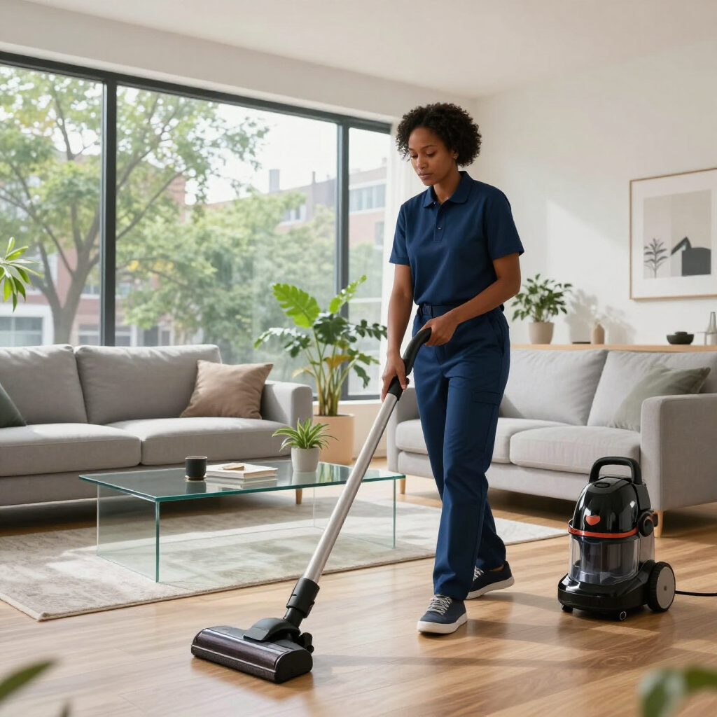 Person vacuuming a bright living room with a canister vacuum and hardwood floors
