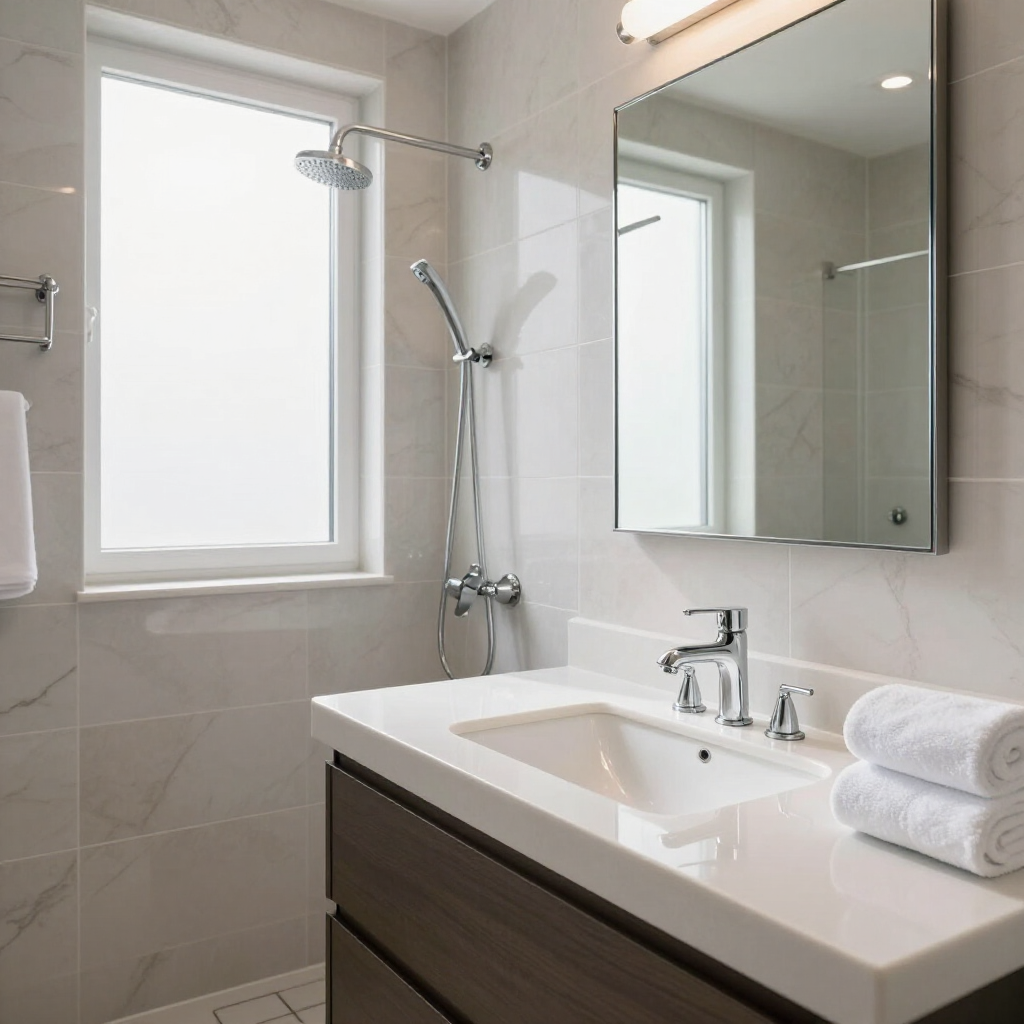 Bright modern bathroom with glass shower, window, mirror, and sink with folded towels.