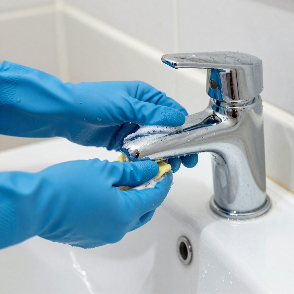 Blue-gloved hands cleaning a chrome bathroom faucet with a sponge in a white sink
