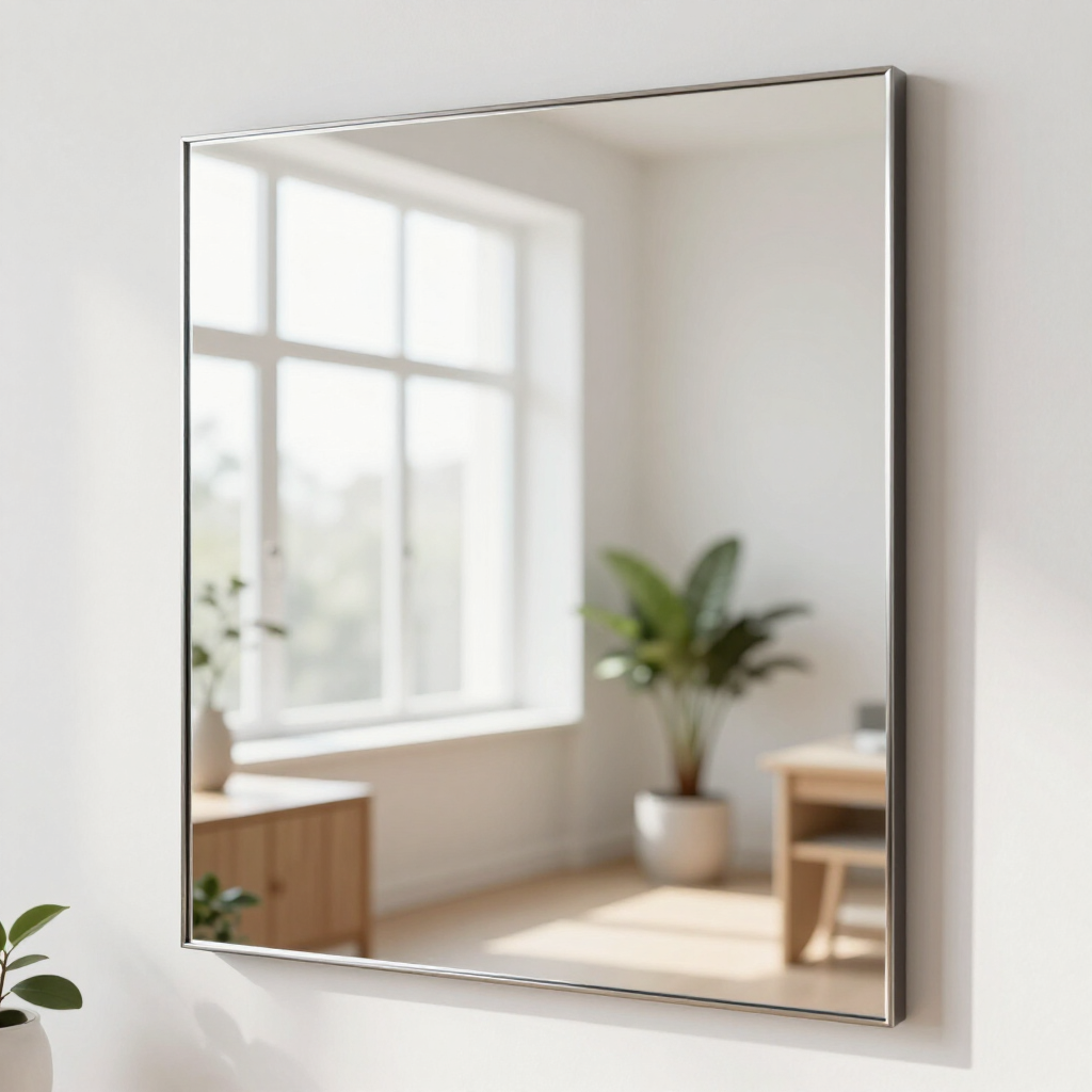 Wall-mounted mirror reflecting a bright room with a window, plant, and wooden furniture