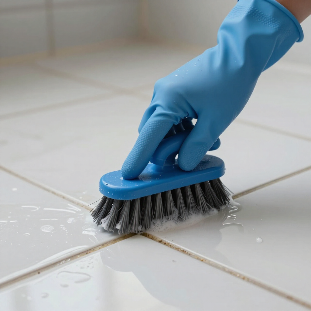 Blue-gloved hand scrubbing white tile floor with a brush and soap suds