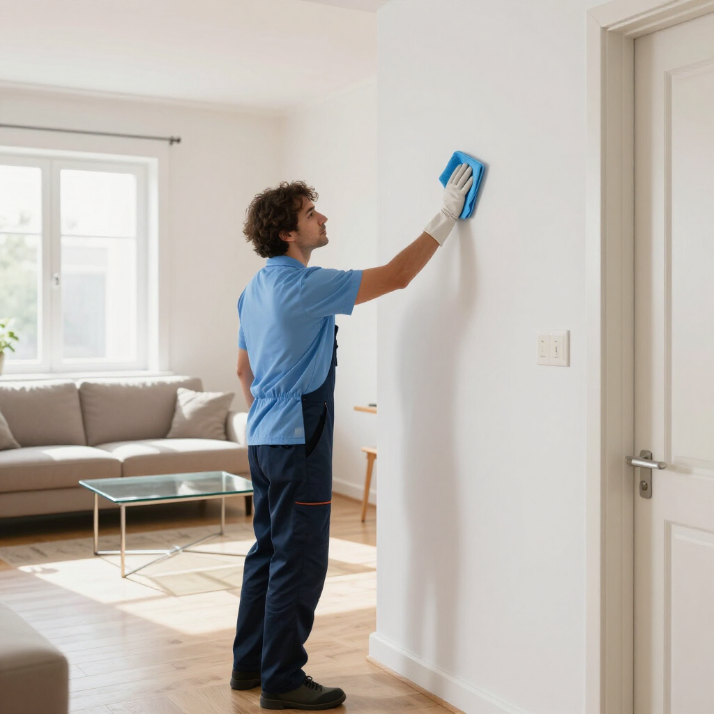 Person wiping a white wall in a bright living room with a blue cleaning cloth