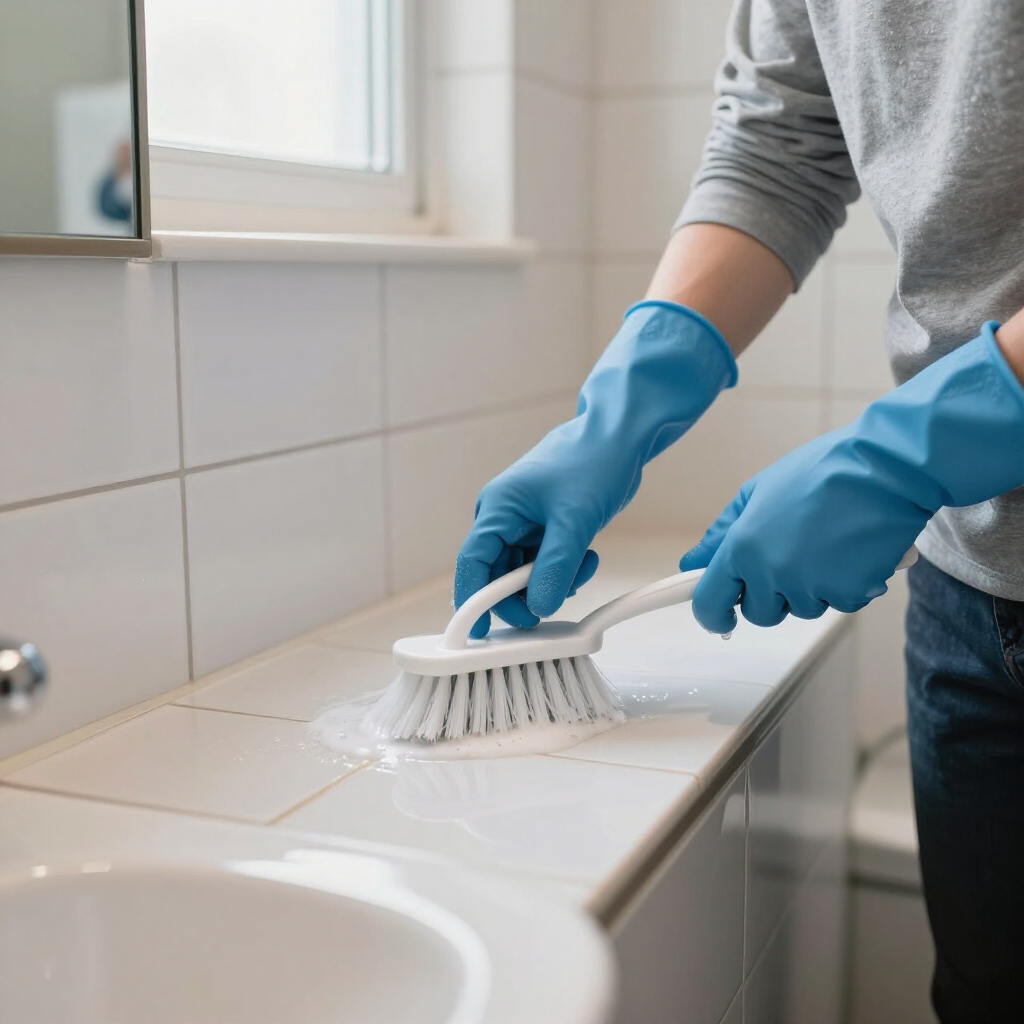 Person in blue gloves scrubbing a tiled bathroom sink counter with a brush