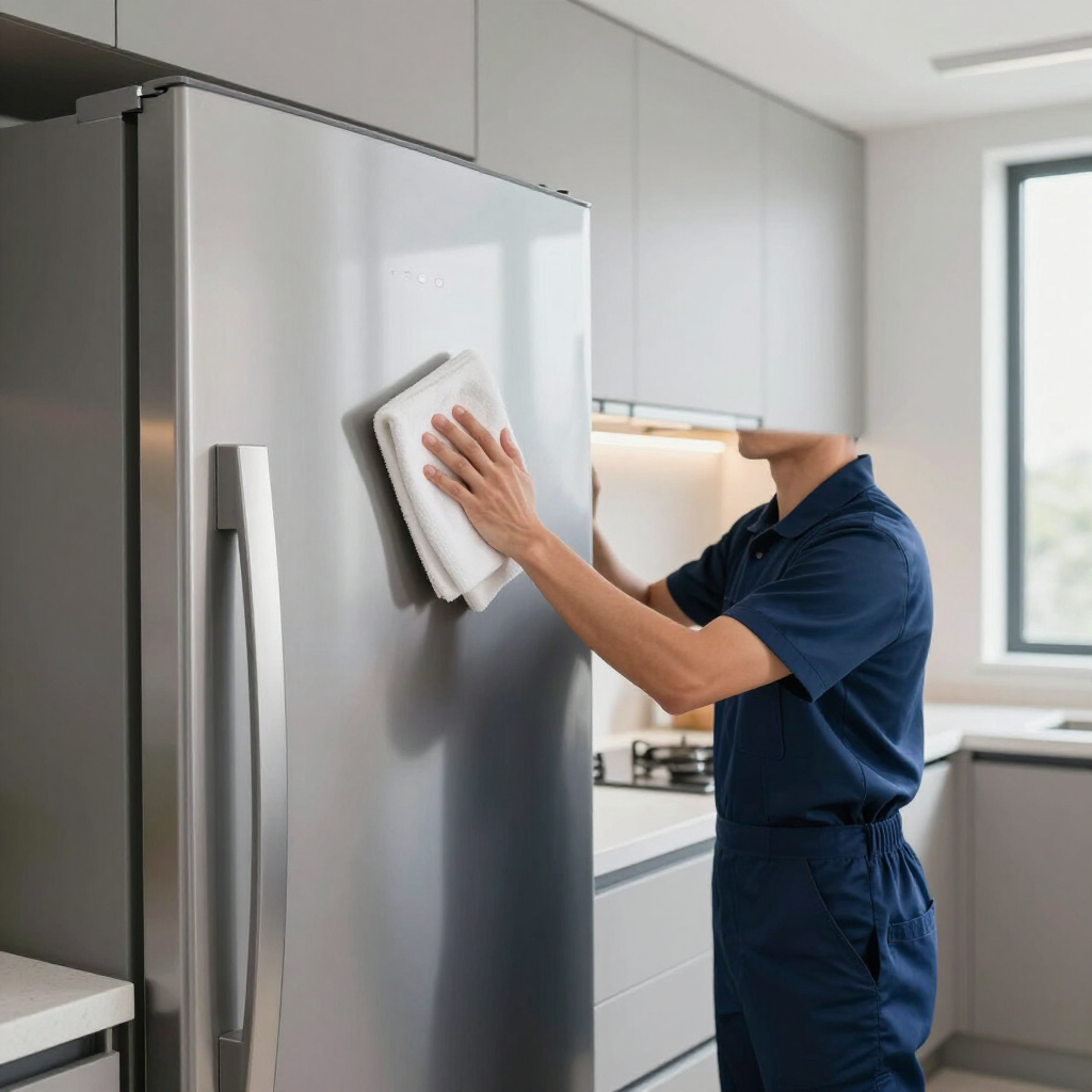 Person cleaning a stainless steel refrigerator in a bright modern kitchen