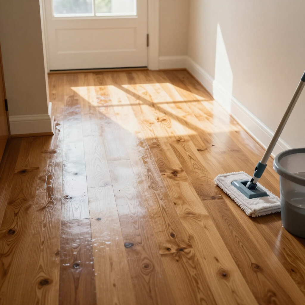 Sunlit hallway with a hardwood floor being mopped near a white door