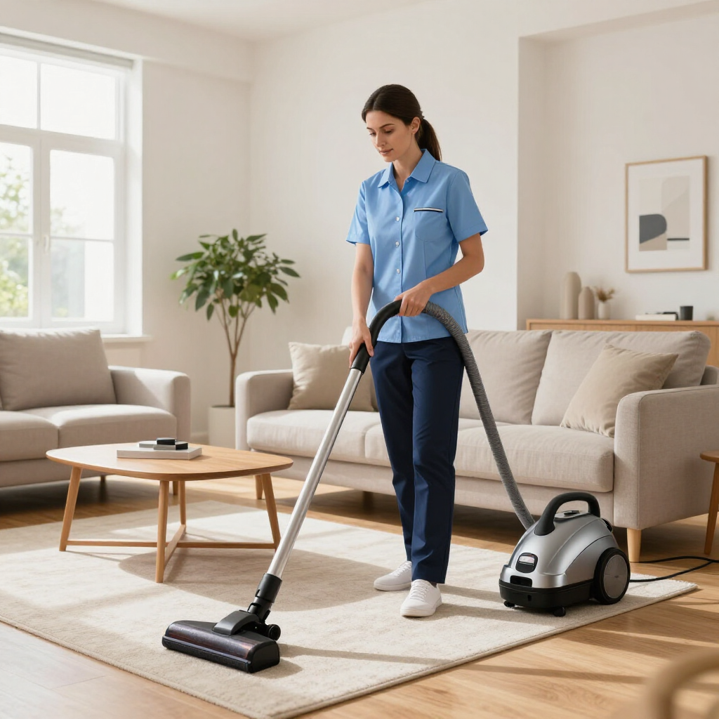 Person vacuuming a bright living room with a cordless stick vacuum