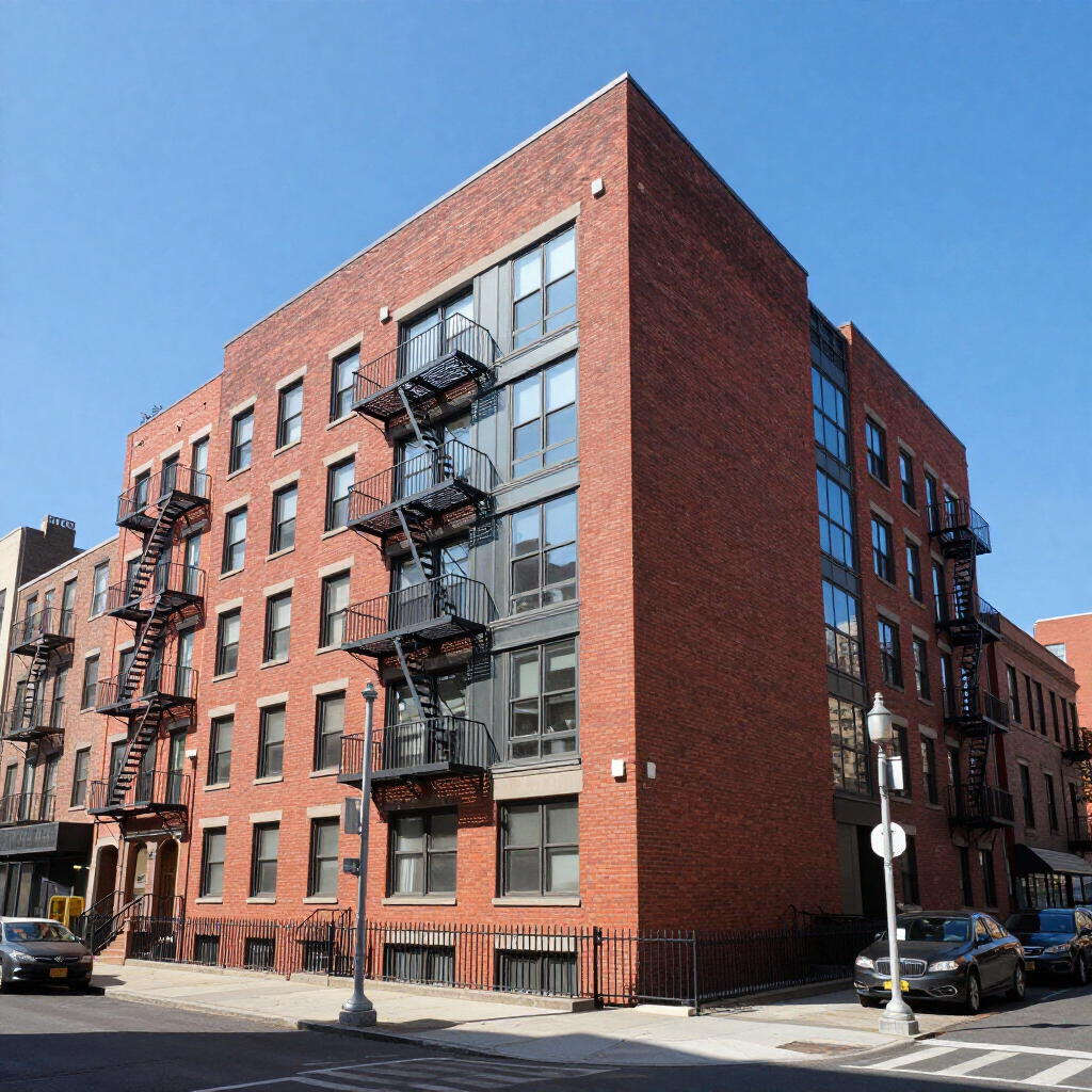 Red brick apartment building on a city street with black fire escapes and blue sky